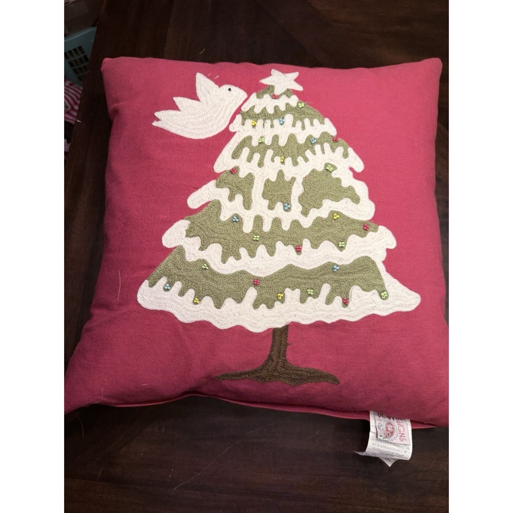 Divi Designs Christmas Tree Dove Red Decorative Holiday Pillow